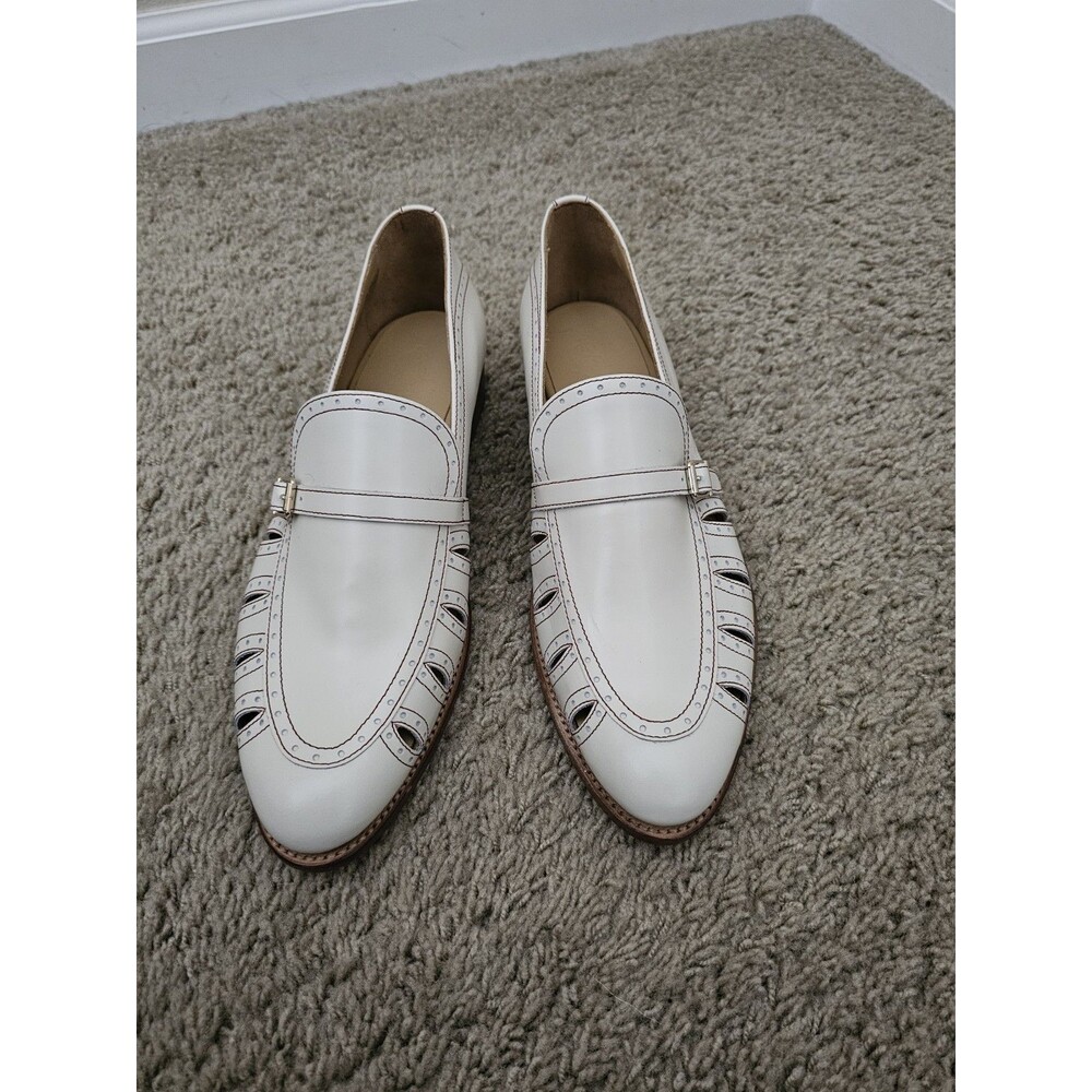 The Office Of Angela Scott White Leather Cutout Loafers Goodyear Welted Flats 11